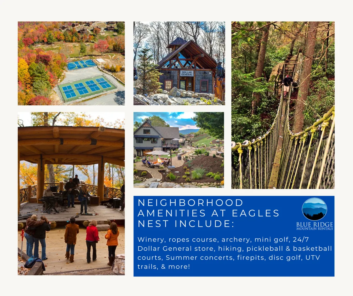 A vibrant exterior scene showing a multi-use sports court surrounded by rustic cabins, with woodland trails and a rope bridge in the background. The area buzzes with activity: people play mini-golf, test archery skills, relax around a fire pit, and enjoy the lively atmosphere of an outdoor concert area at sunset.